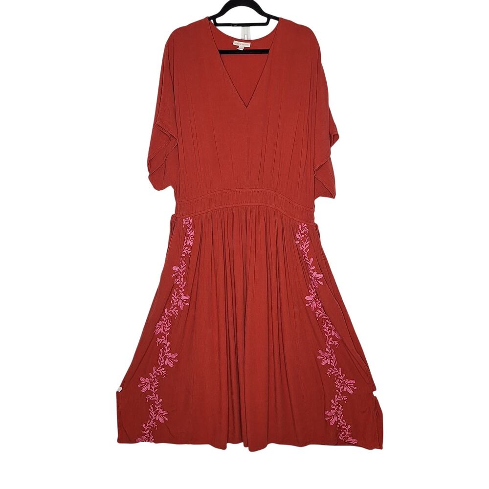 Knox Rose Embroidered Cinch Waist Boho Dress 2X Peasant Cottagecore Rust Pink